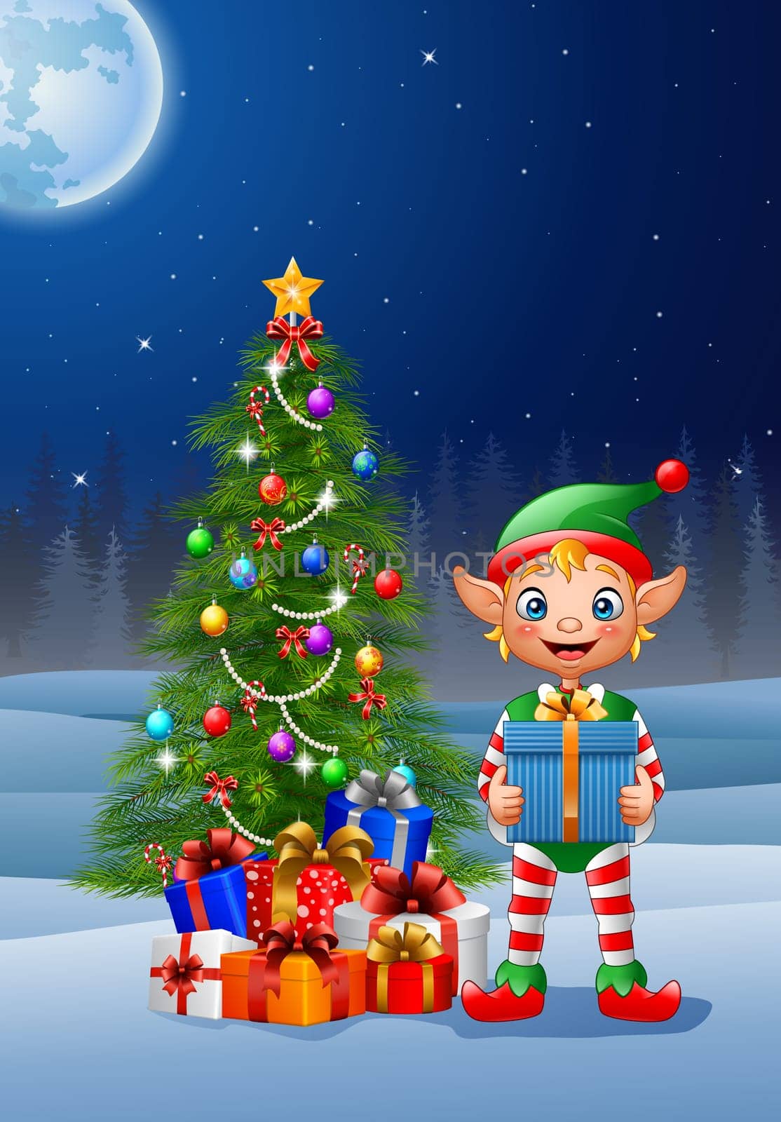 Christmas background with elf holding gift box