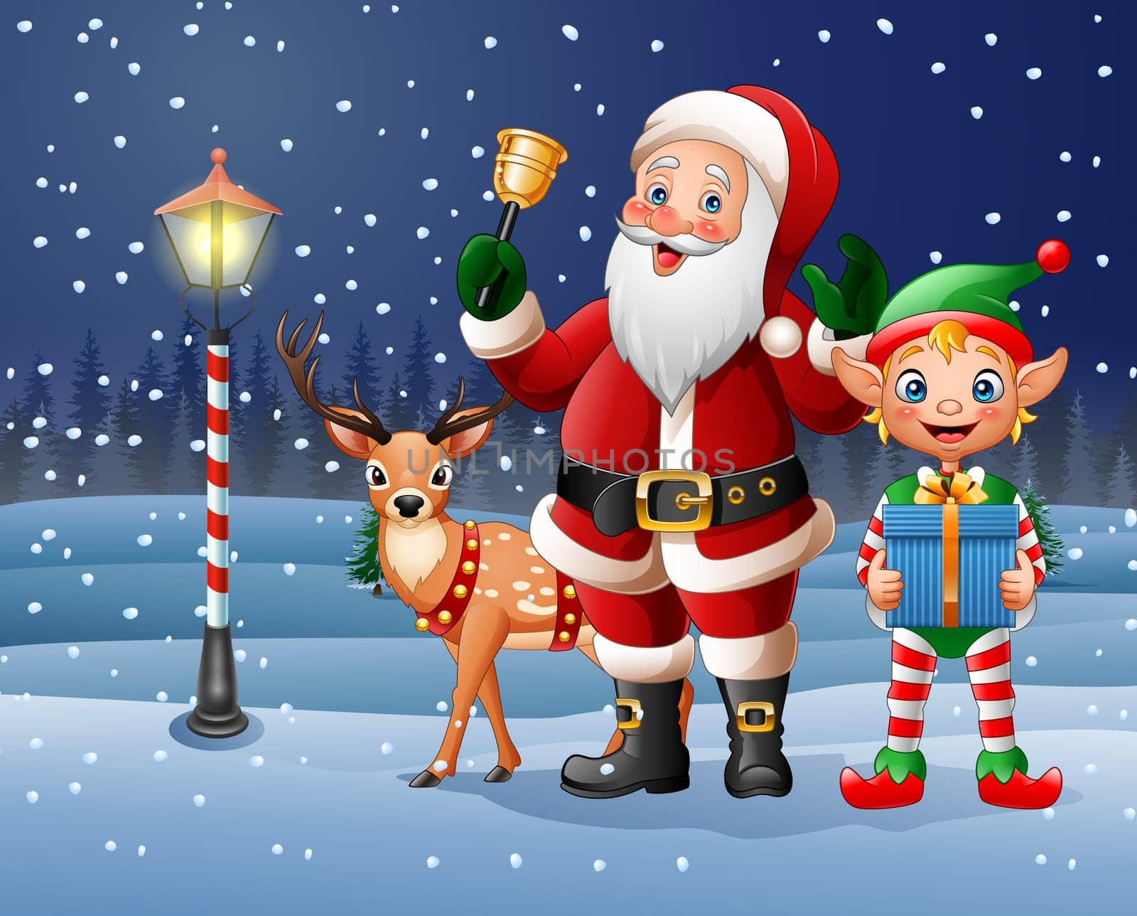 Christmas background with Santa Claus, deer and elf