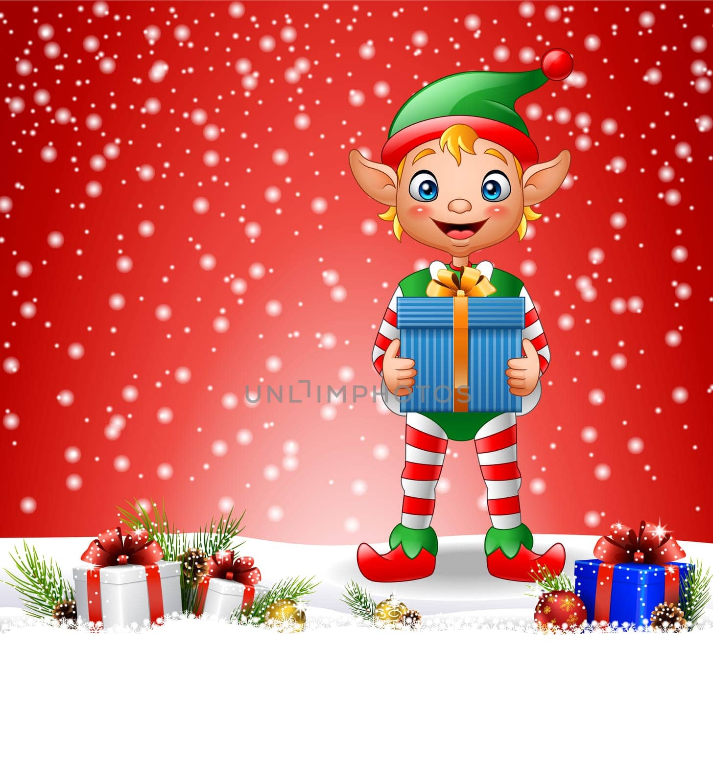 Christmas background with elf holding gift box