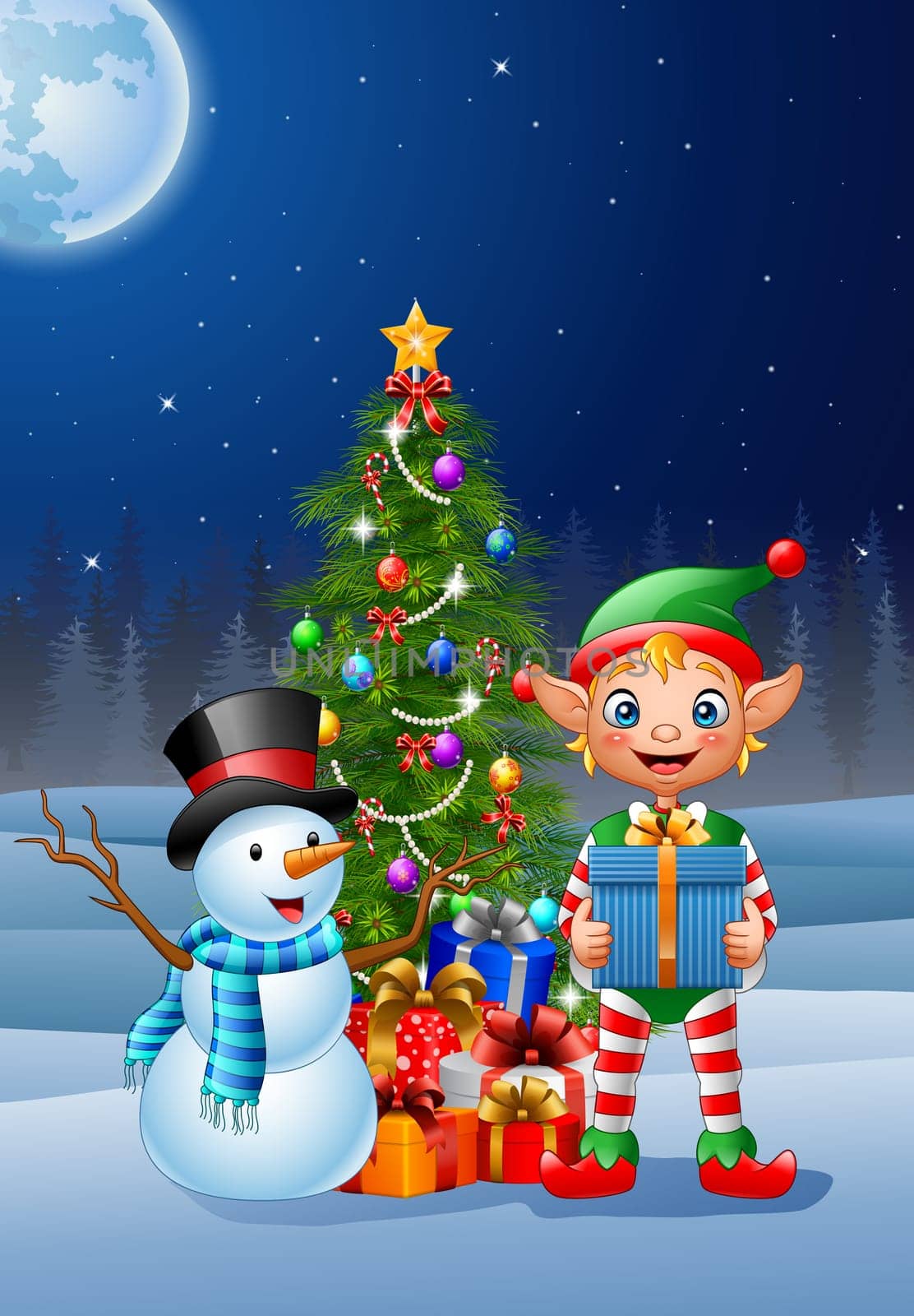 Christmas background with elf and snowman