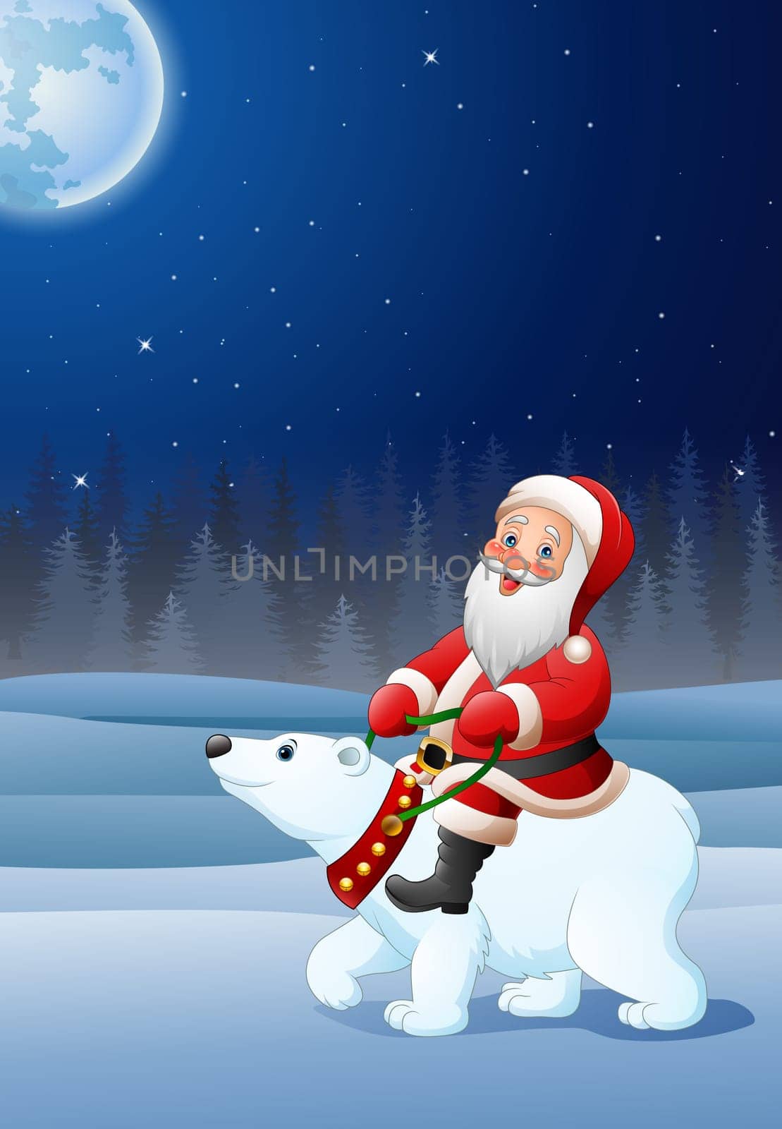 Cartoon Santa Claus riding polar bear