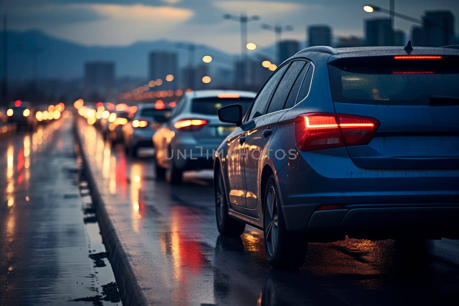 Car rush hours city street on the rainy morning.Traffic jam on the road. AI generated