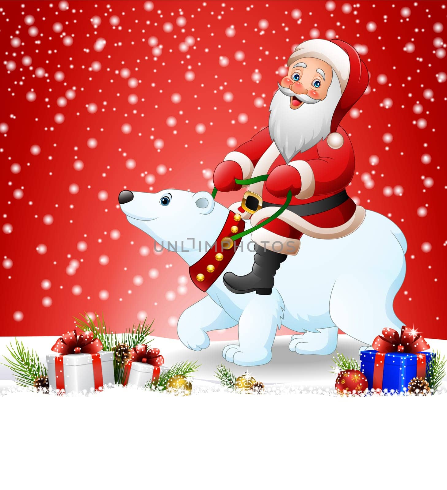 Cartoon Santa Claus riding polar bear