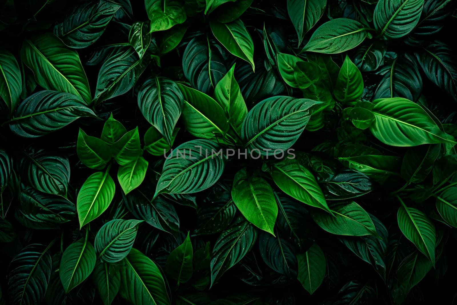 Tropical leaves, dark green foliage in rainforest, nature background. Tropical green leaves on dark background, nature summer forest plant concept. AI generated
