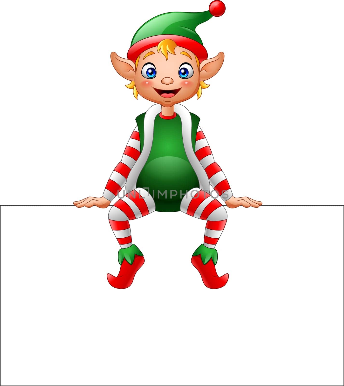 Cartoon Christmas elf sitting on blank sign