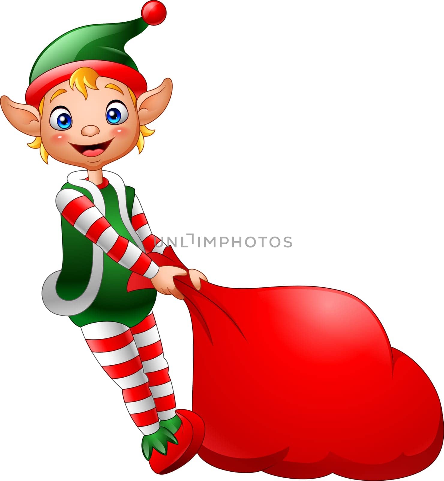Cartoon elf pulling a bag full of gifts