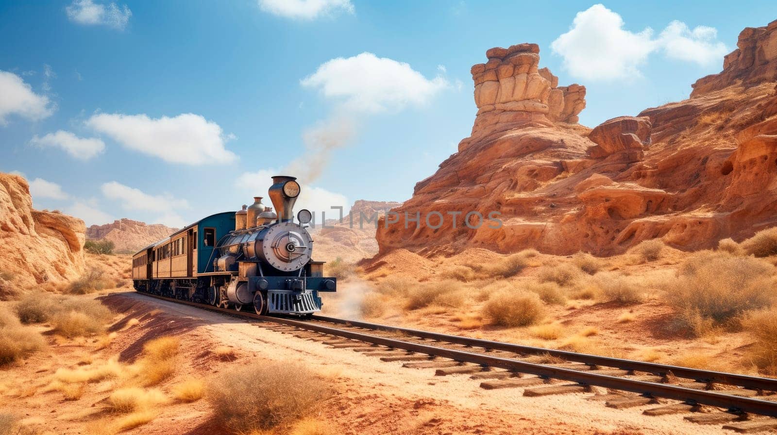 Vintage steam train with ancient locomotive and old carriages runs on the tracks next to rock formations and letting of smoke and steam . AI generated