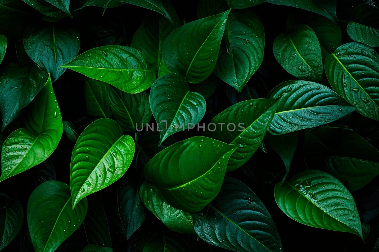 Tropical leaves, dark green foliage in rainforest, nature background. Tropical green leaves on dark background, nature summer forest plant concept. AI generated