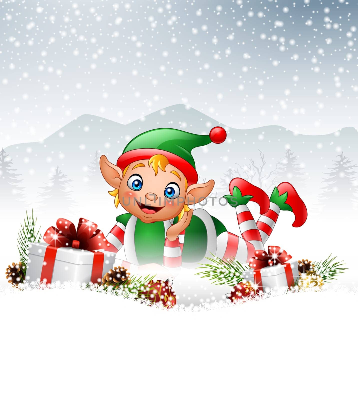 Christmas background with little elf laying on the snow