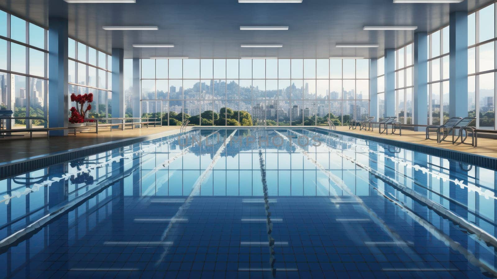 Close-up of the Olympic swimming pool with the cityscape outside the window. Generative AI