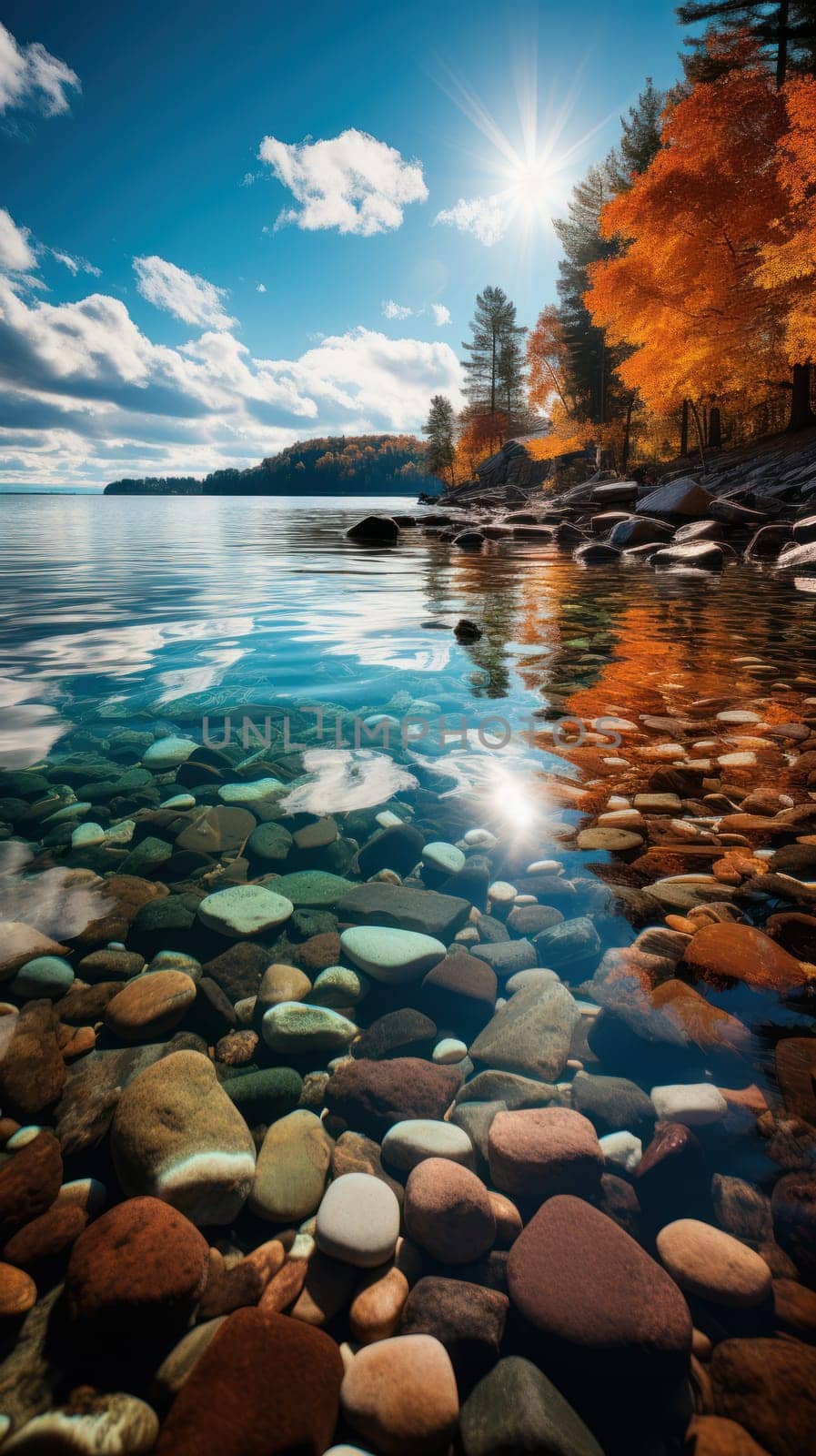 Colorful view of the autumn landscape on the lake. Beauty of nature concept background.Beautiful autumn lake scene.Generative AI