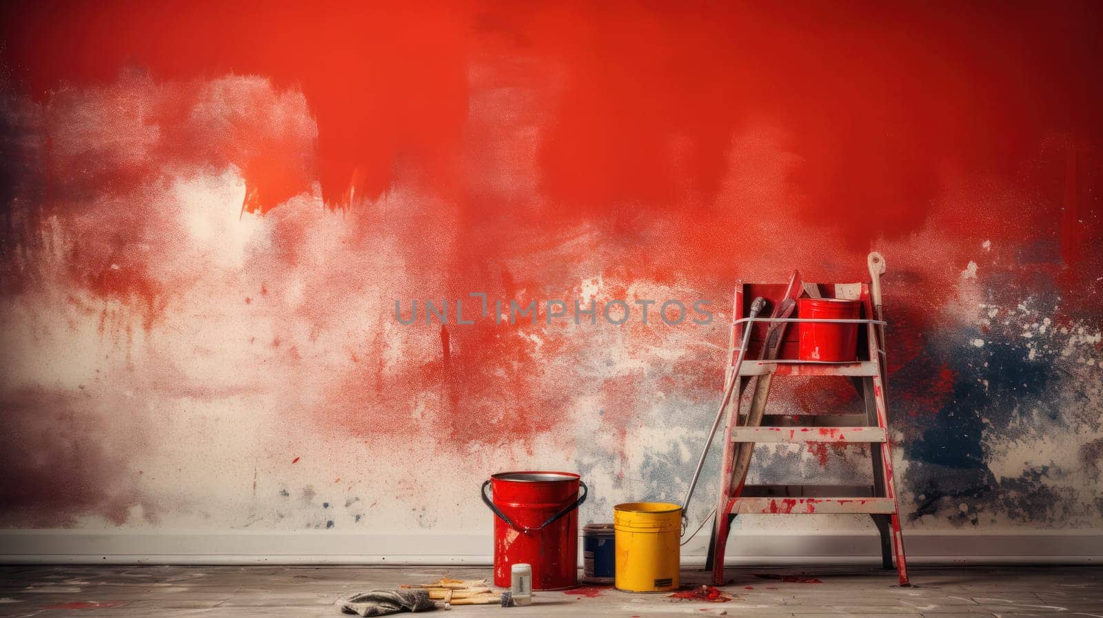 abstract background with a bucket of paint near an unpainted wall. free space for text. copy space. Generative AI