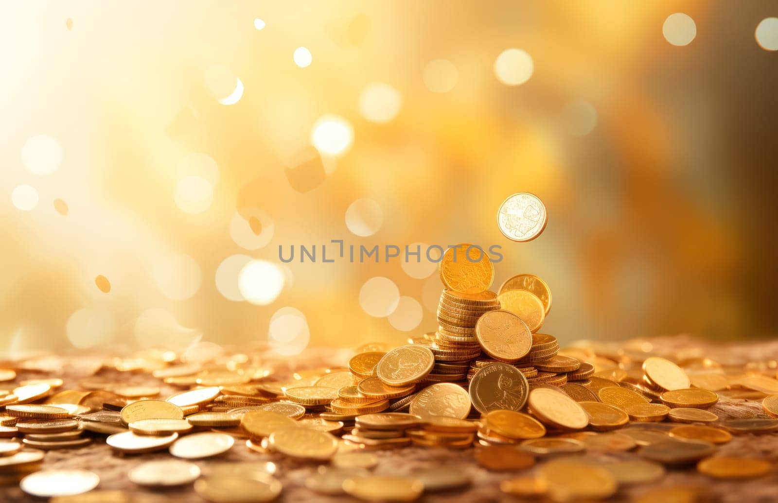 Bright background with falling gold coins, in light yellow and gold style. investment and profit. Generative AI