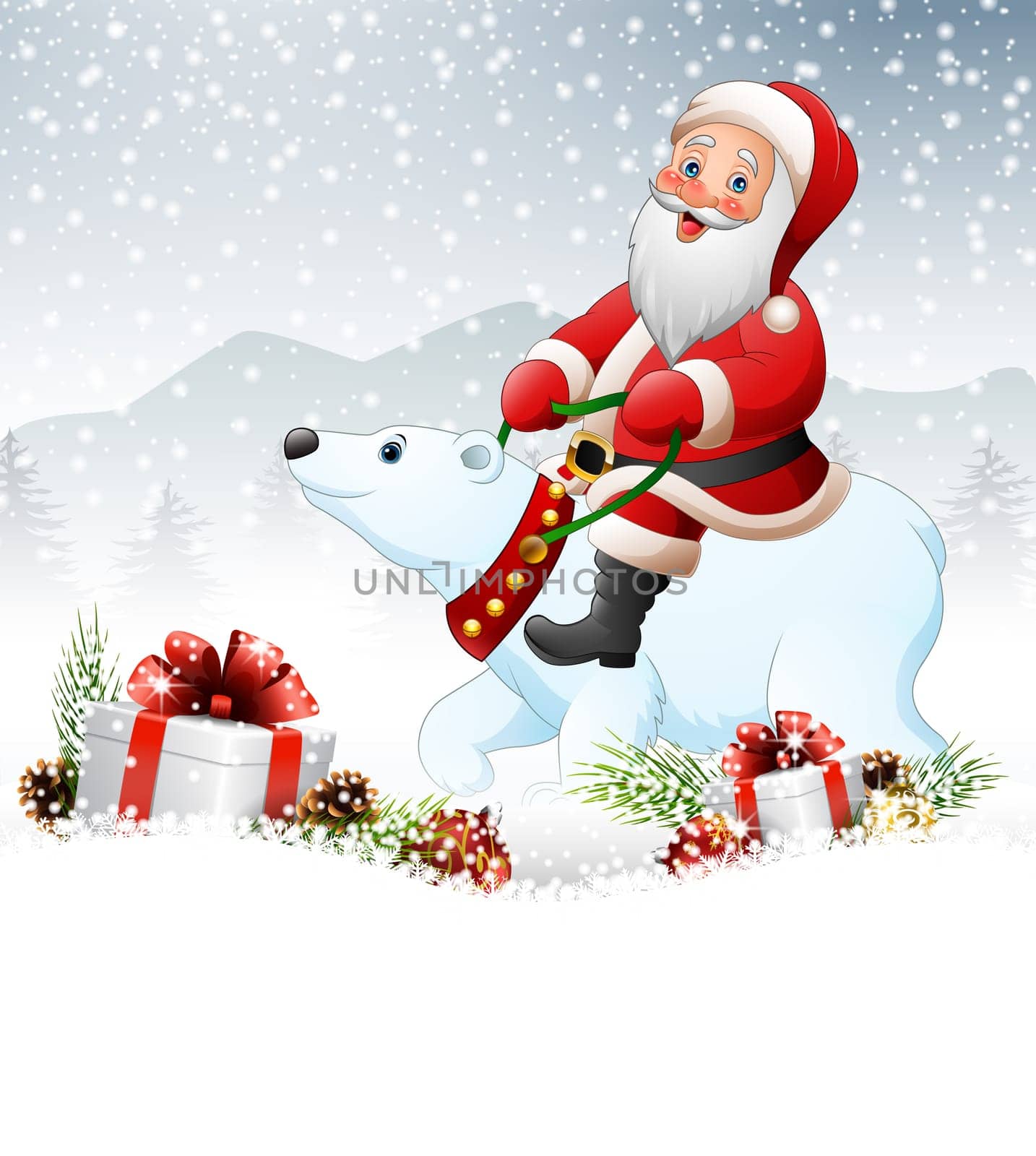 Cartoon Santa Claus riding polar bear