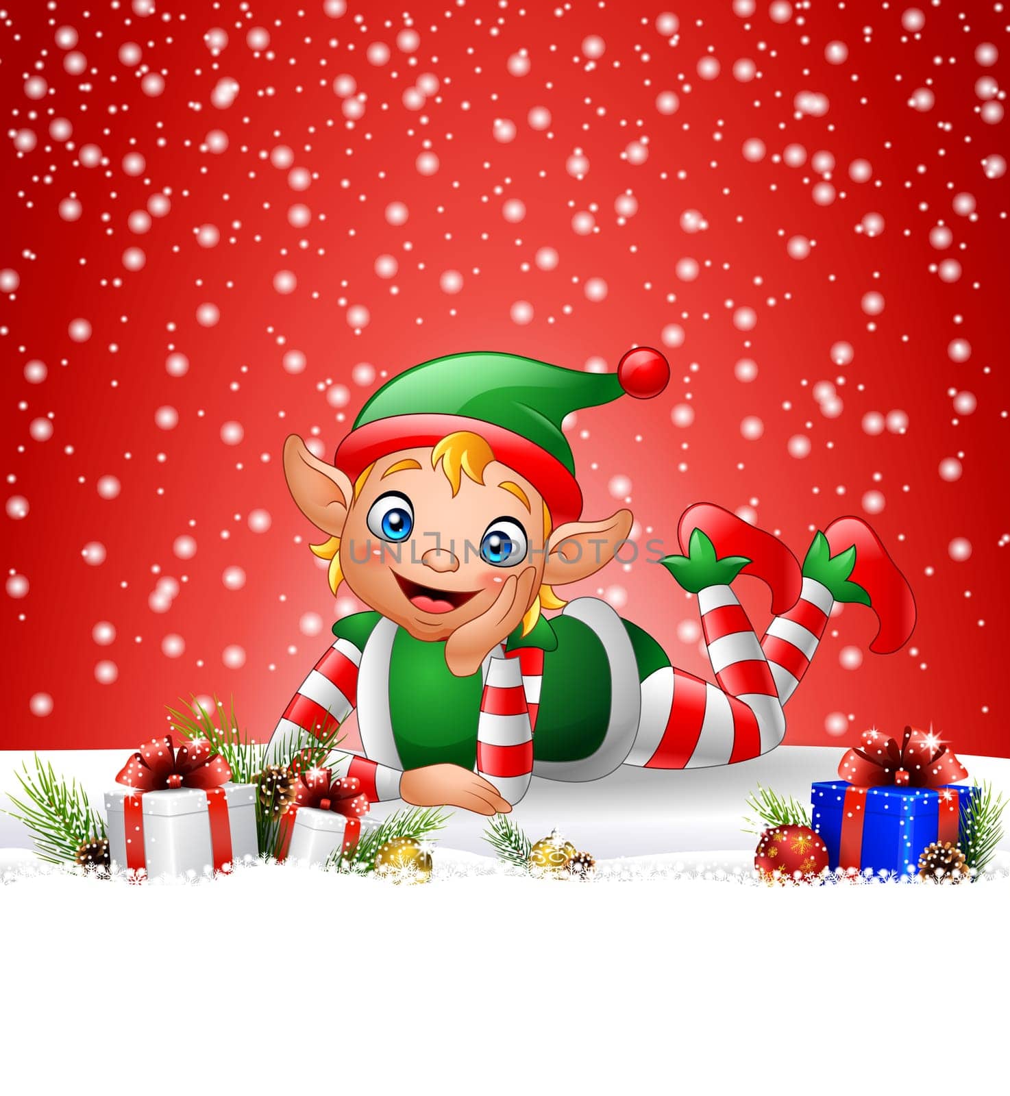 Christmas background with little elf laying on the snow