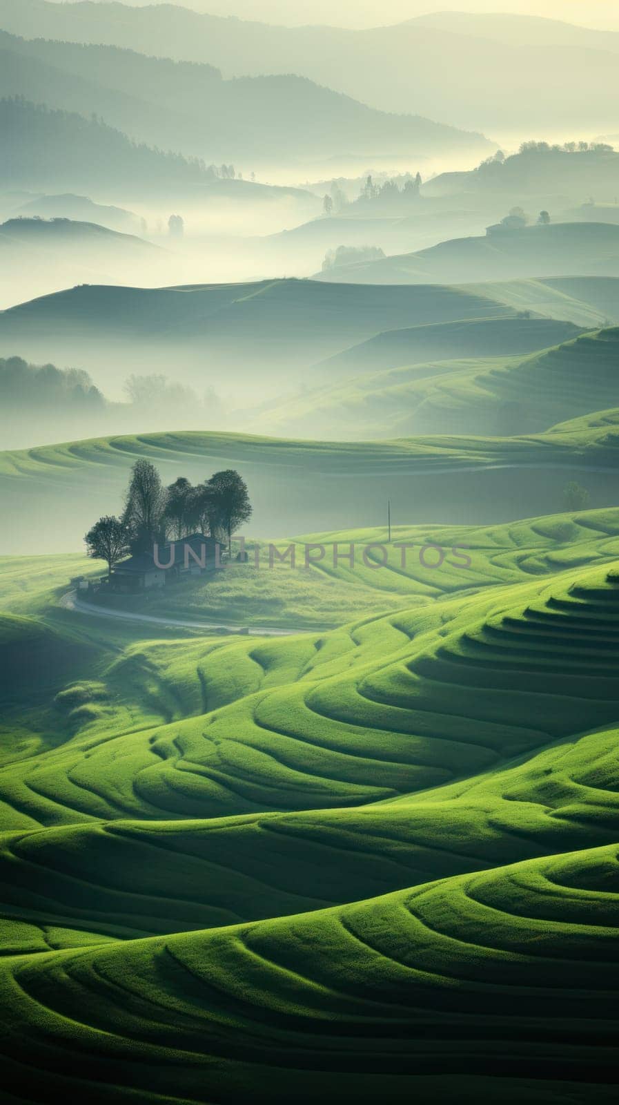 Majestic landscape with rice terraced fields shrouded in fog at dawn. mesmerizing landscape with rice terrace.Generative AI