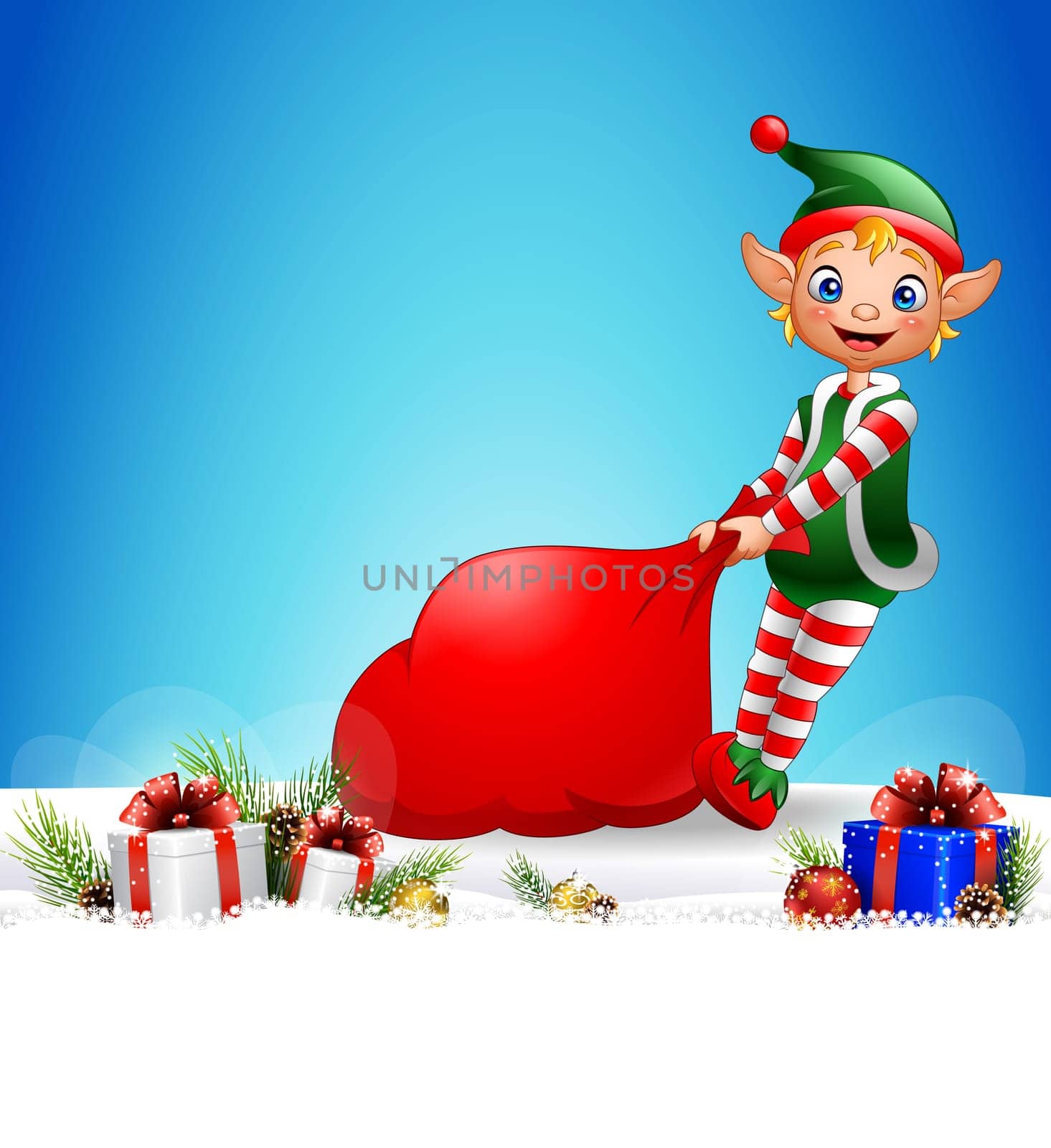 Christmas background with elf pulling a bag full of gifts