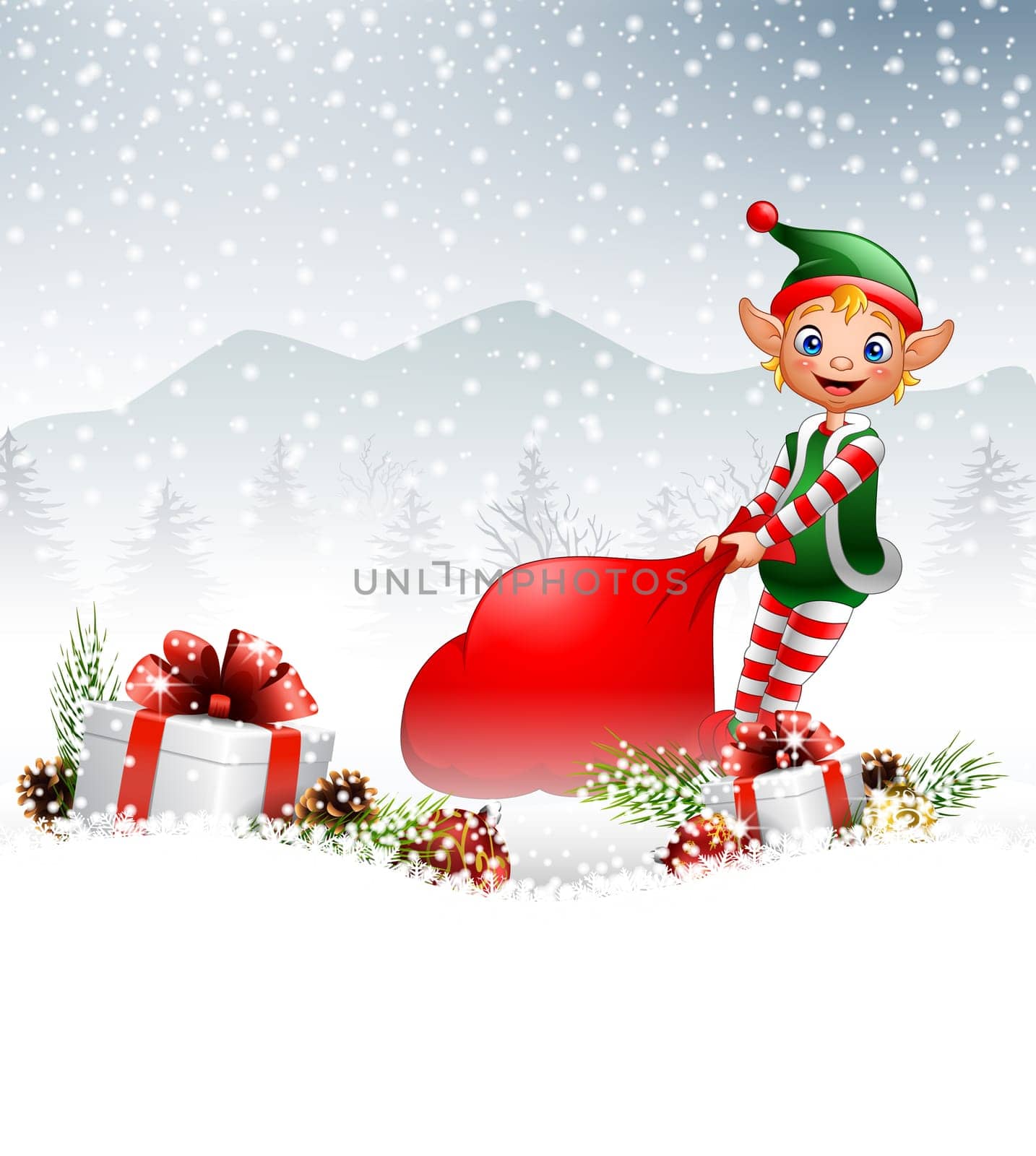 Christmas background with elf pulling a bag full of gifts