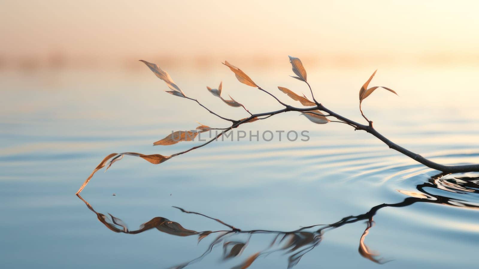 a thin graceful branch is reflected in the clear water of a pond on a foggy morning. Generative AI