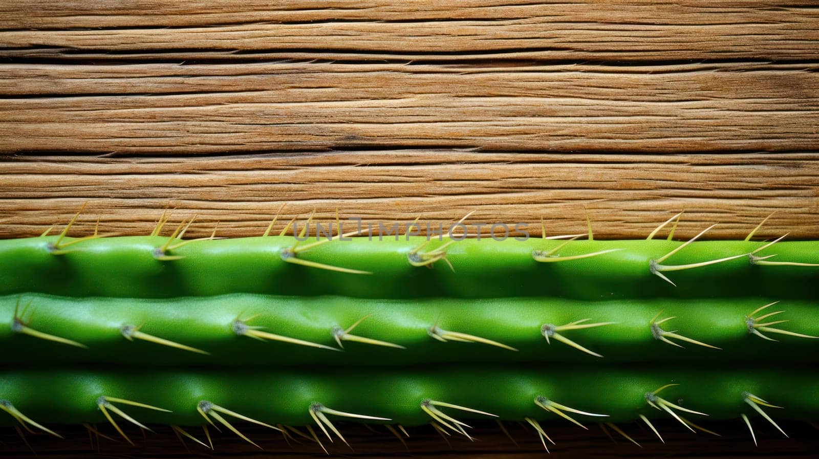 Close-up of a cactus with sharp thorns on a wooden background. copy space.Generative AI