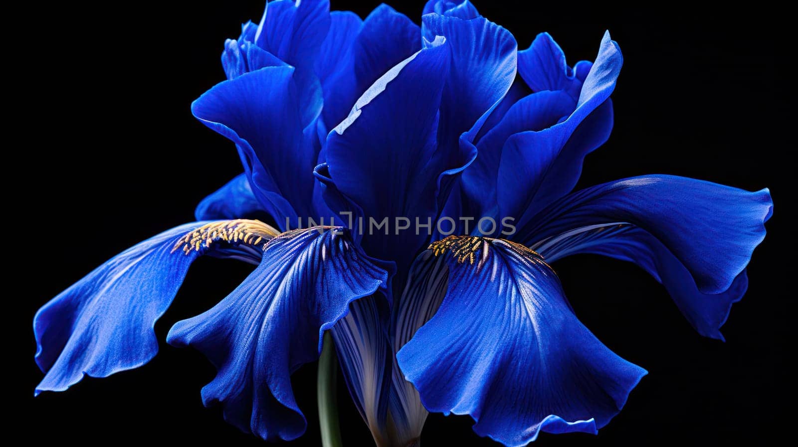 Blue iris close-up. Flowers on a black isolated background. wallpaper or background .Generative AI