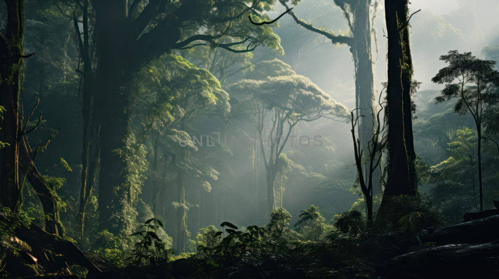 background Deep tropical thickets foggy fairy-tale dense forest.Generative AI