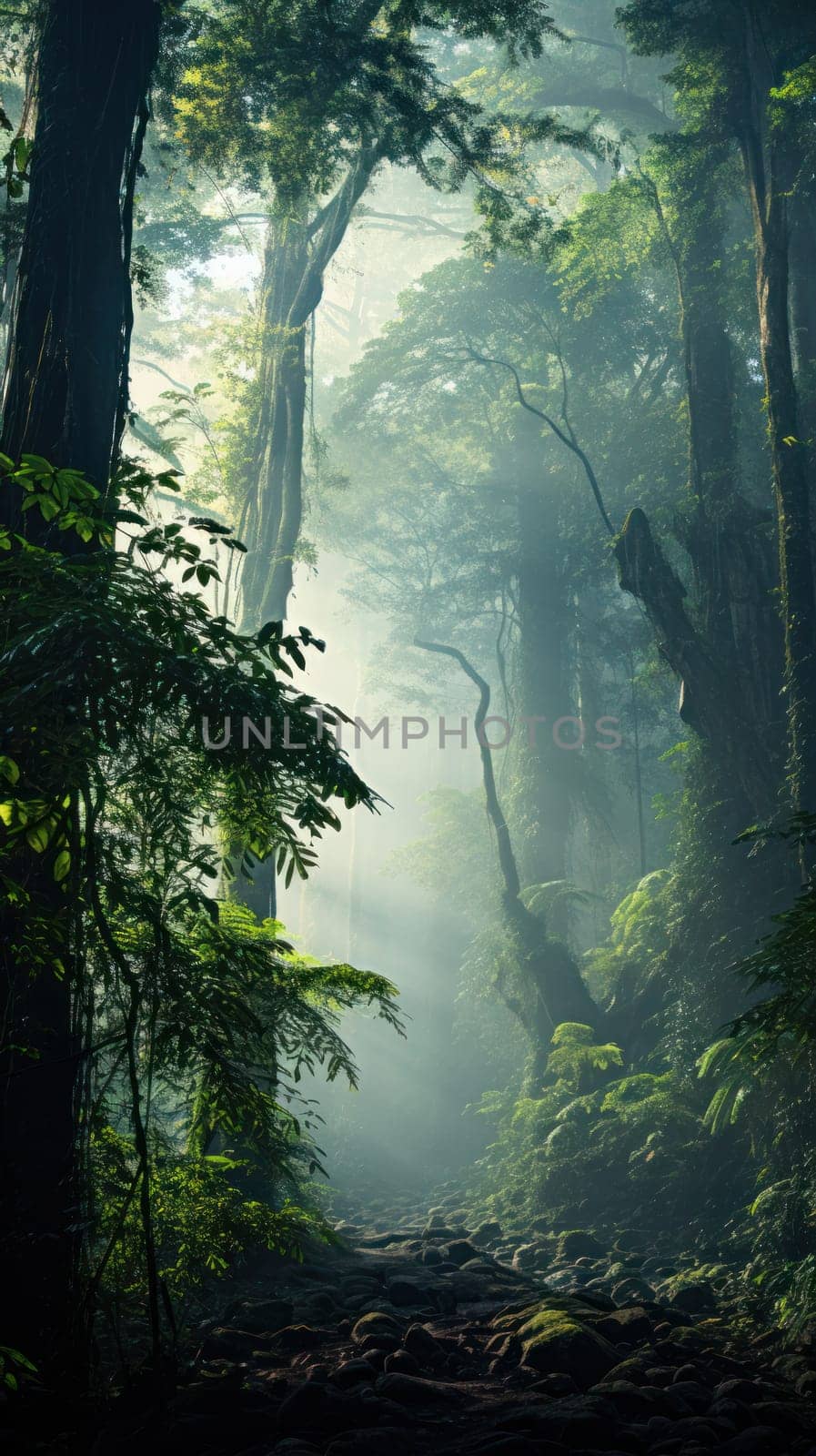 background Deep tropical thickets foggy fairy-tale dense forest.Generative AI