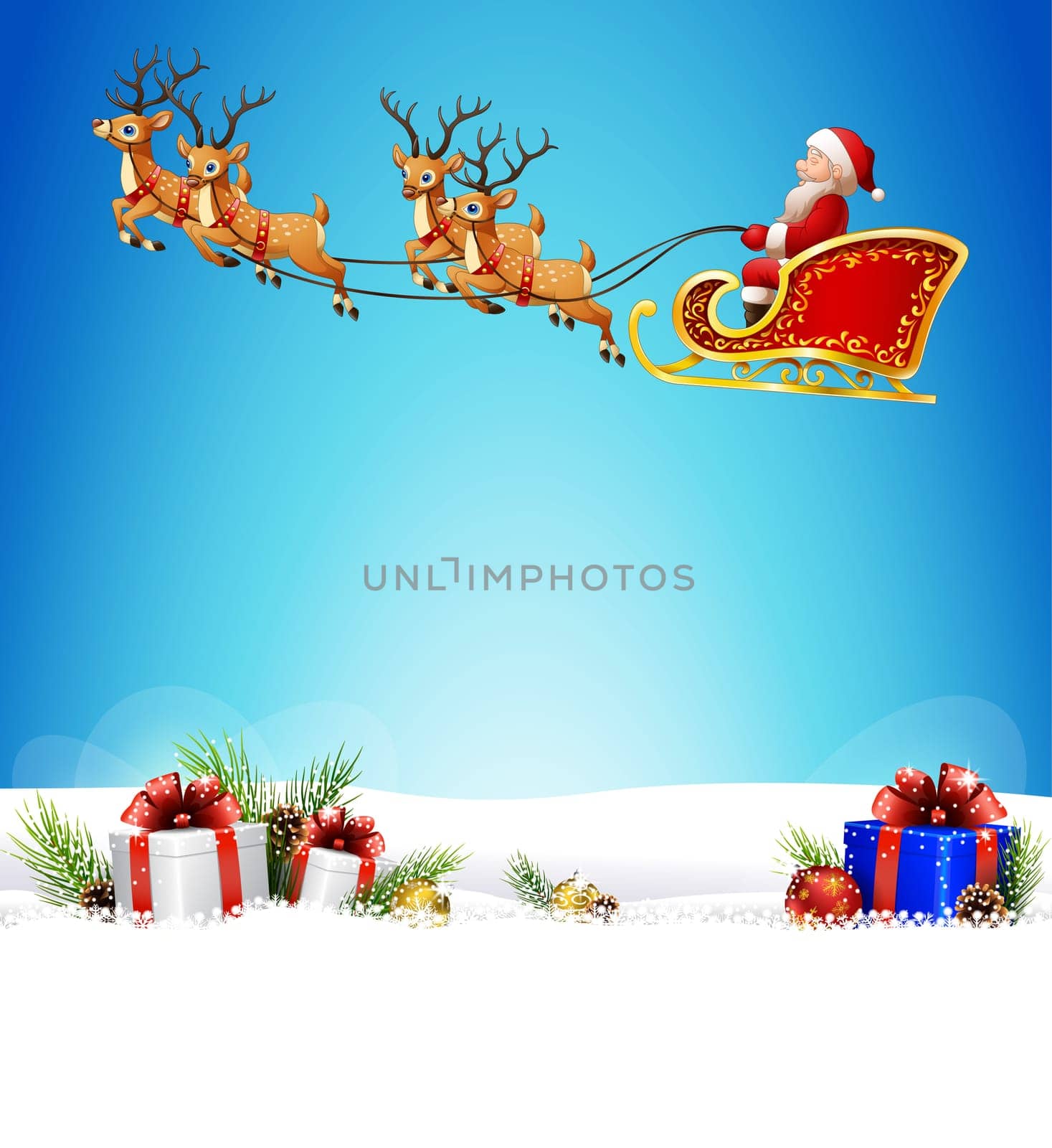 Christmas background with Santa Clause riding his reindeer sleight