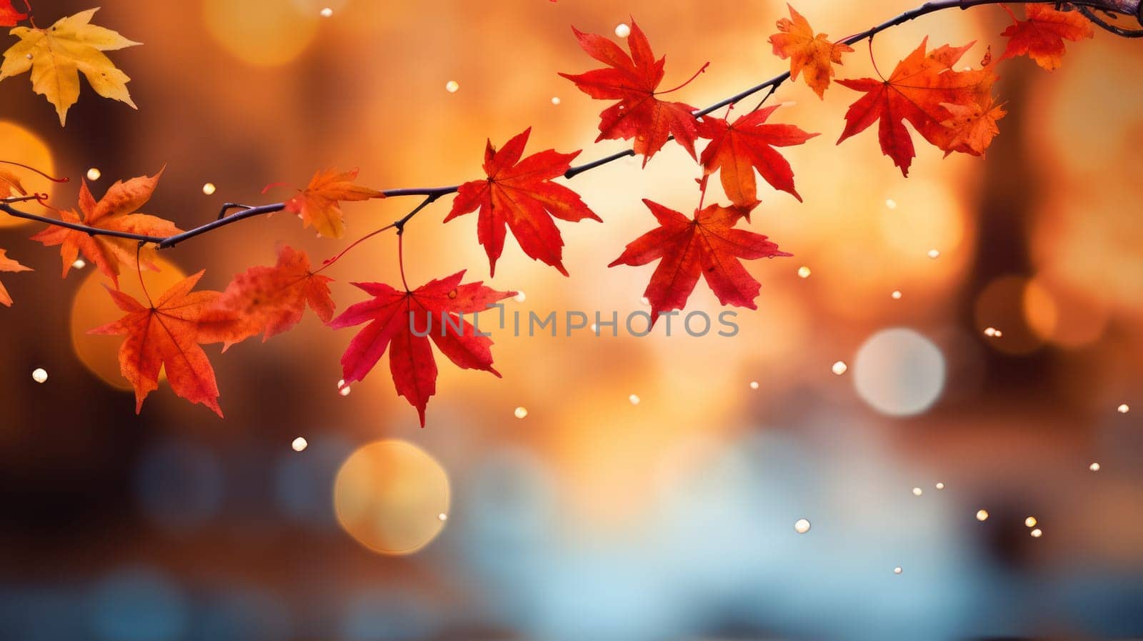 Red and yellow maple leaves in early autumn against a blurry background.Generative AI