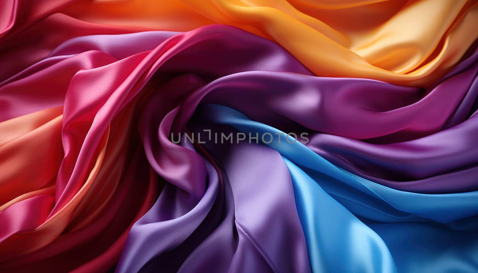 draped Natural blue, yellow, orange and pink satin fabric as background texture.Generative AI