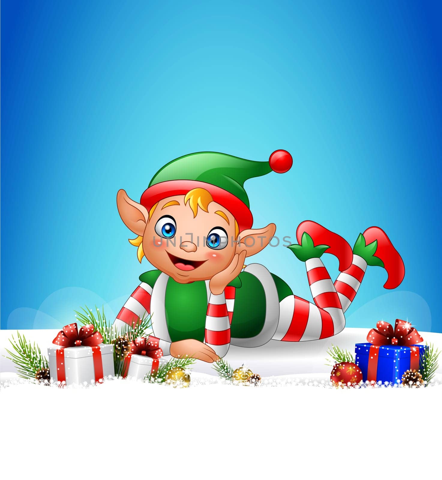 Christmas background with little elf laying on the snow