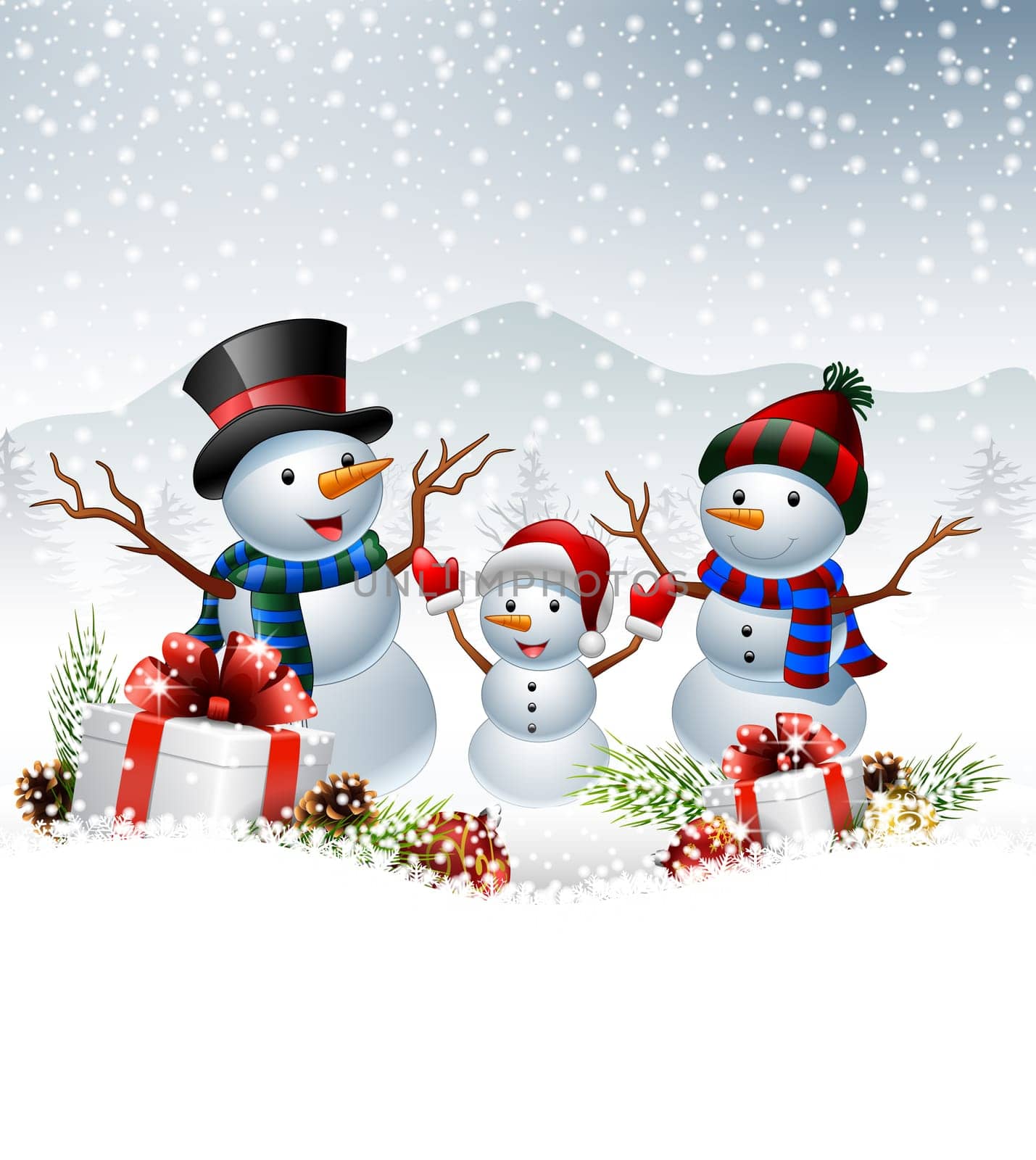 Set of cartoon snowman with Christmas background