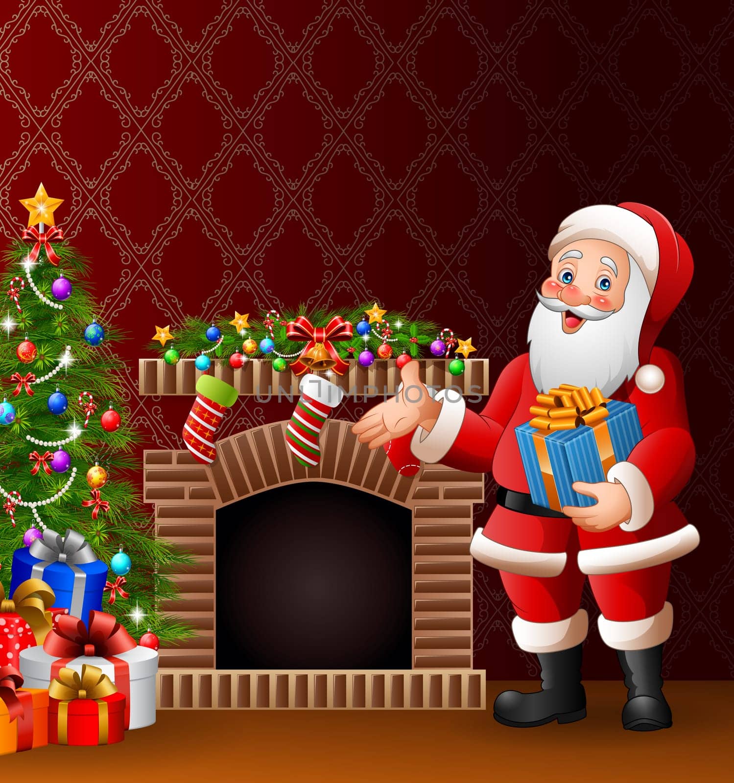Cartoon Santa Claus holding a gift box