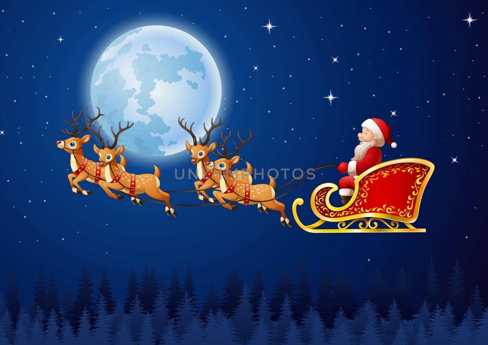 Christmas background with Santa Clause riding his reindeer sleight