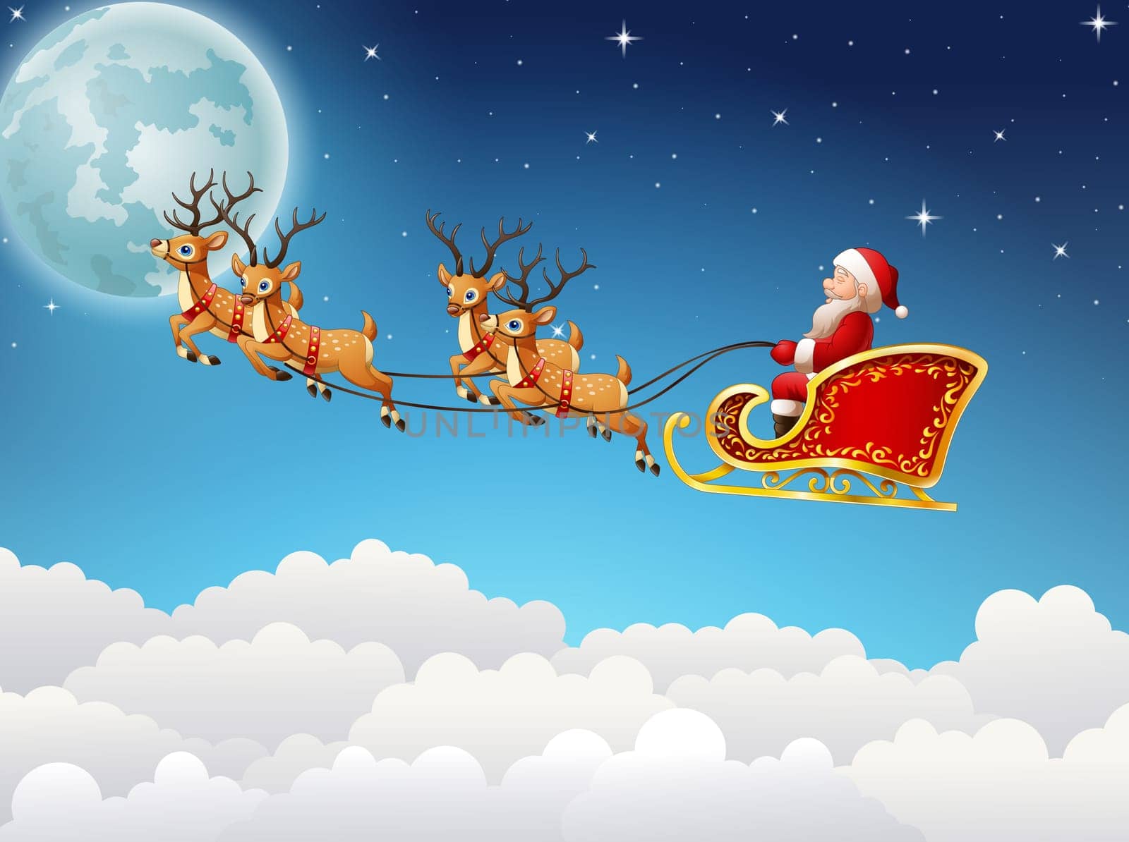 Christmas background with Santa Clause riding his reindeer sleight