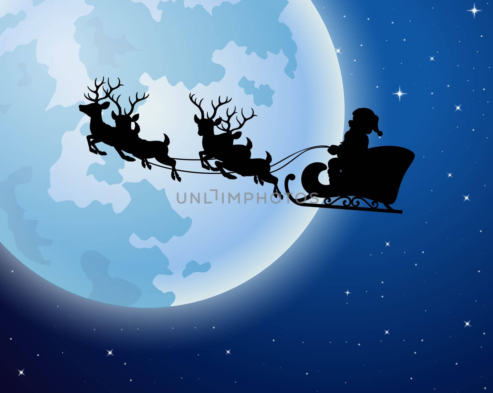 Christmas background with Santa Clause riding his reindeer sleight