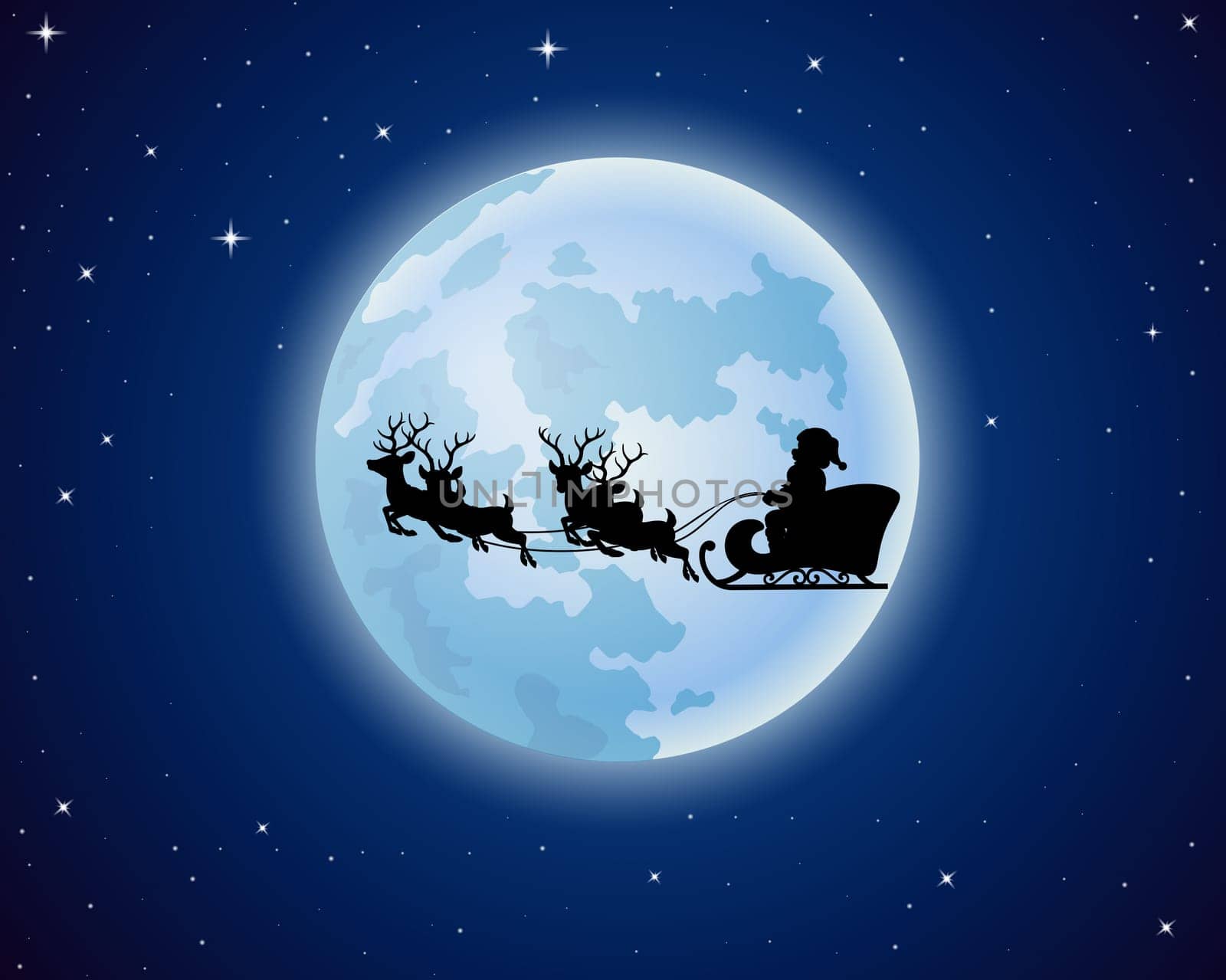 Christmas background with Santa Clause riding his reindeer sleight