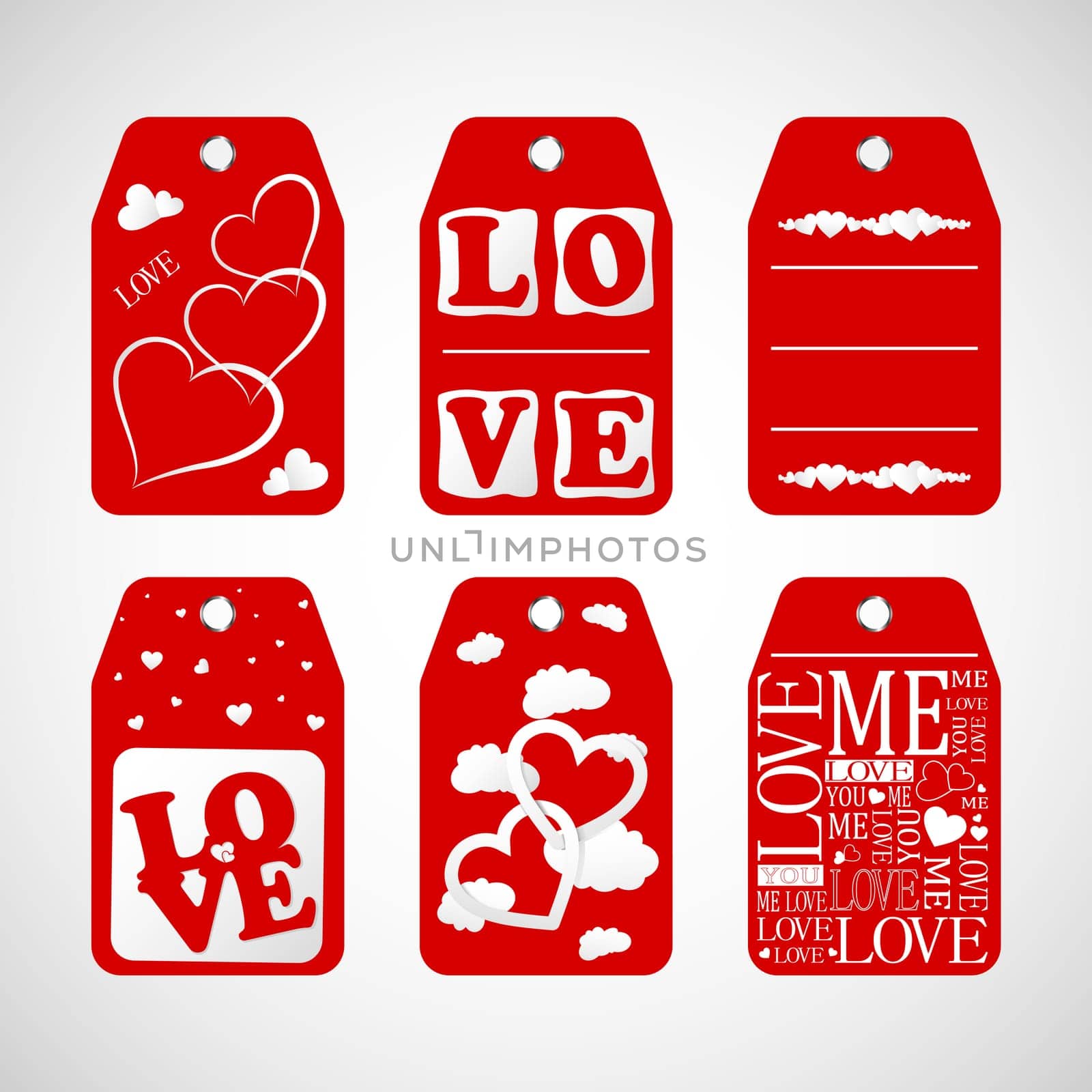 Collection of Happy Valentines day gift tags. Set of hand drawn holiday label in white and red. Romantic badge design