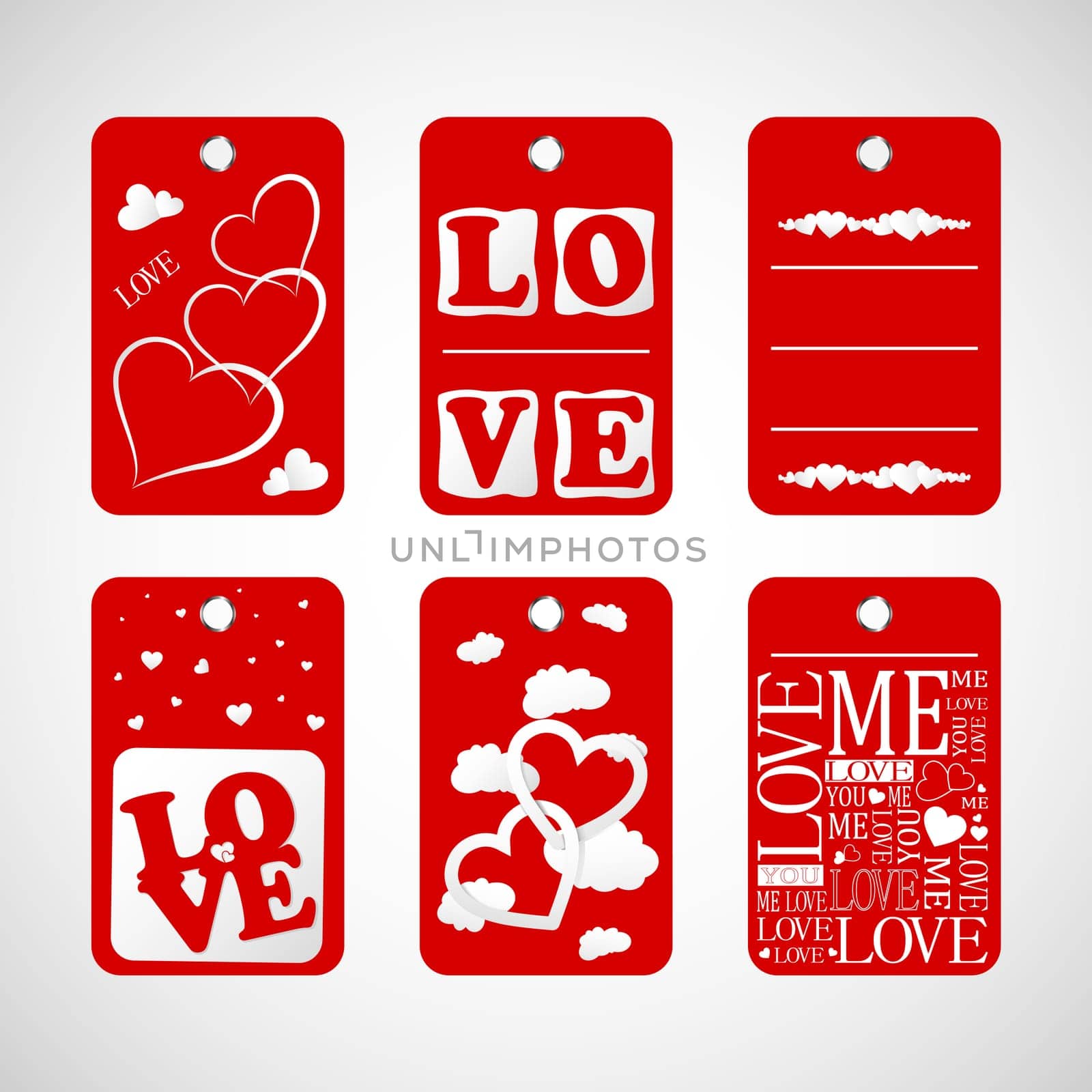 Collection of Happy Valentines day gift tags. Set of hand drawn holiday label in white and red. Romantic badge design