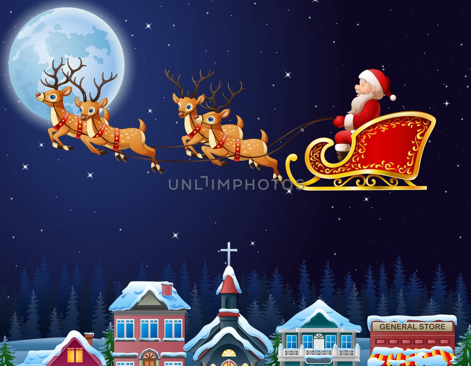 Christmas background with Santa Clause riding his reindeer sleight