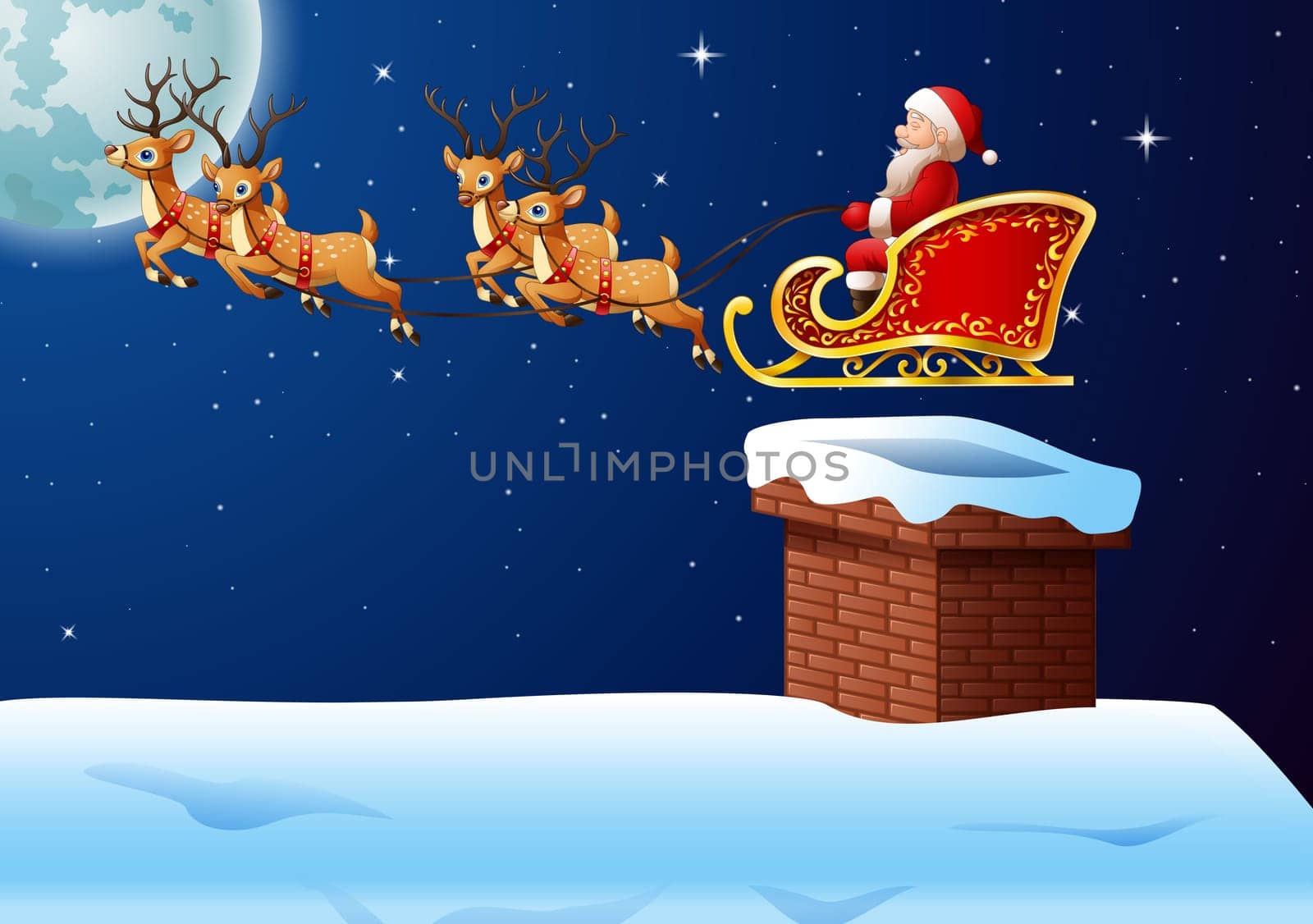 Christmas background with Santa Clause riding his reindeer sleight