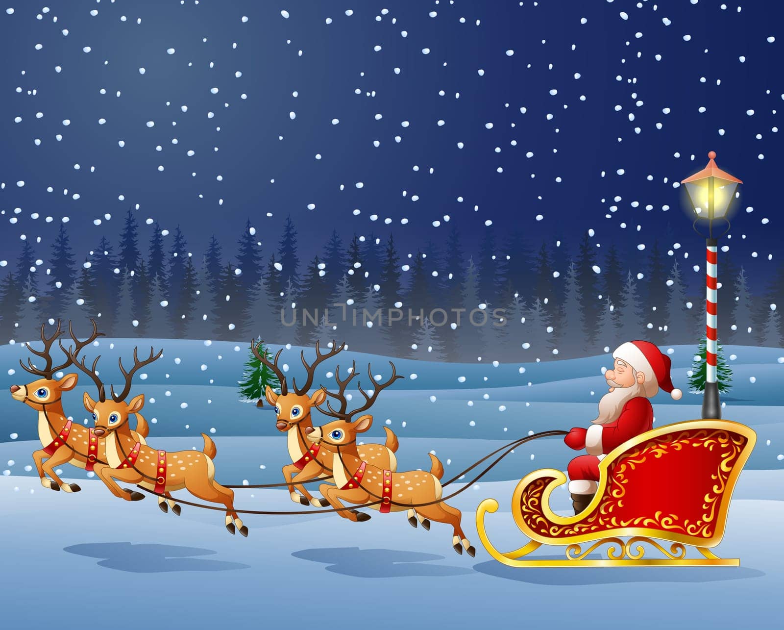 Christmas background with Santa Clause riding his reindeer sleight
