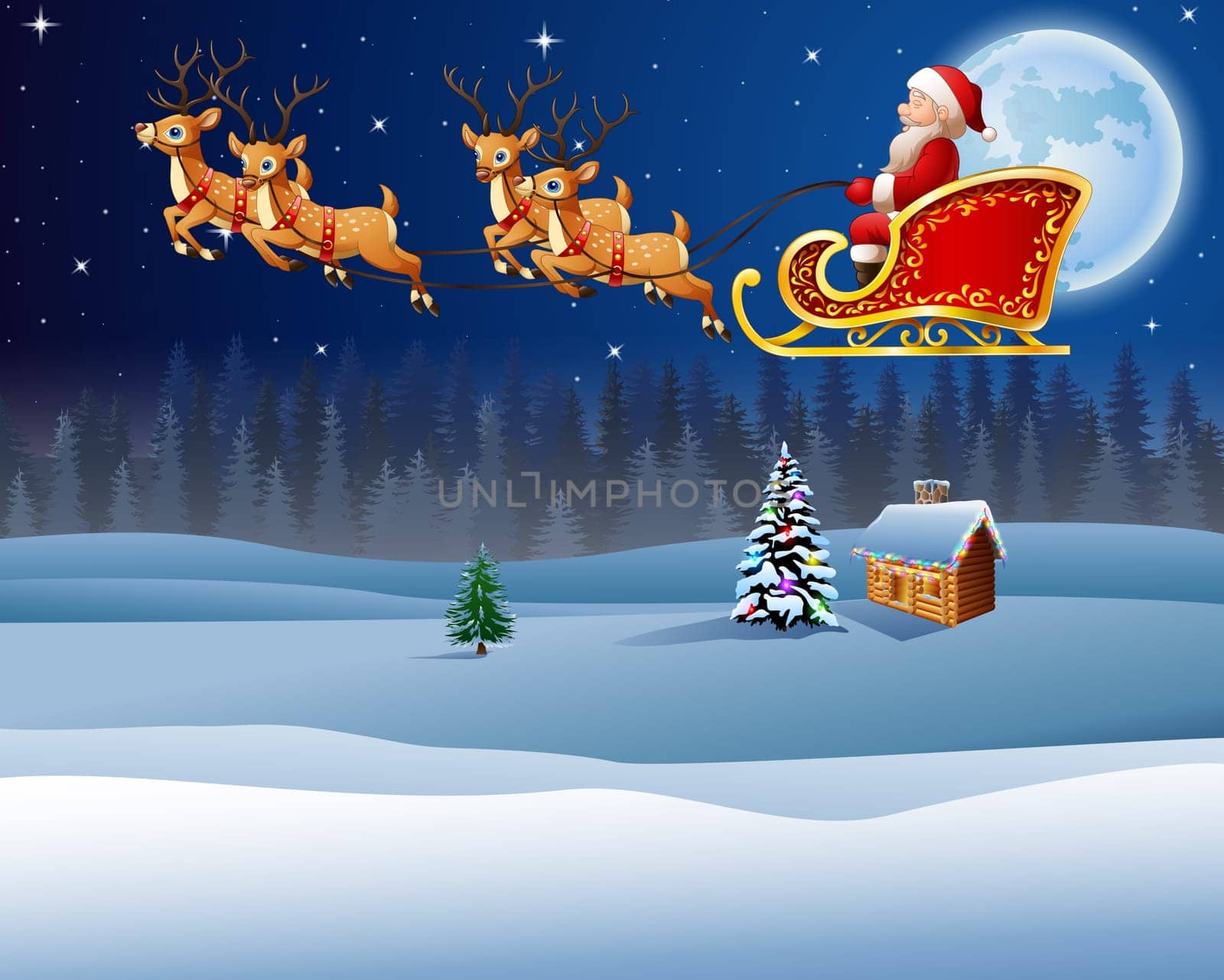 Christmas background with Santa Clause riding his reindeer sleight