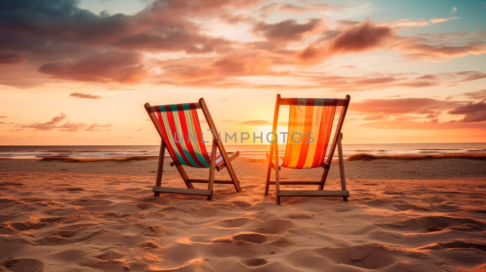 Empty beach chairs on a sandy beach, amazing scenery with setting sun. Empty beach loungers on summer holiday in tropical paradise island.AI generated