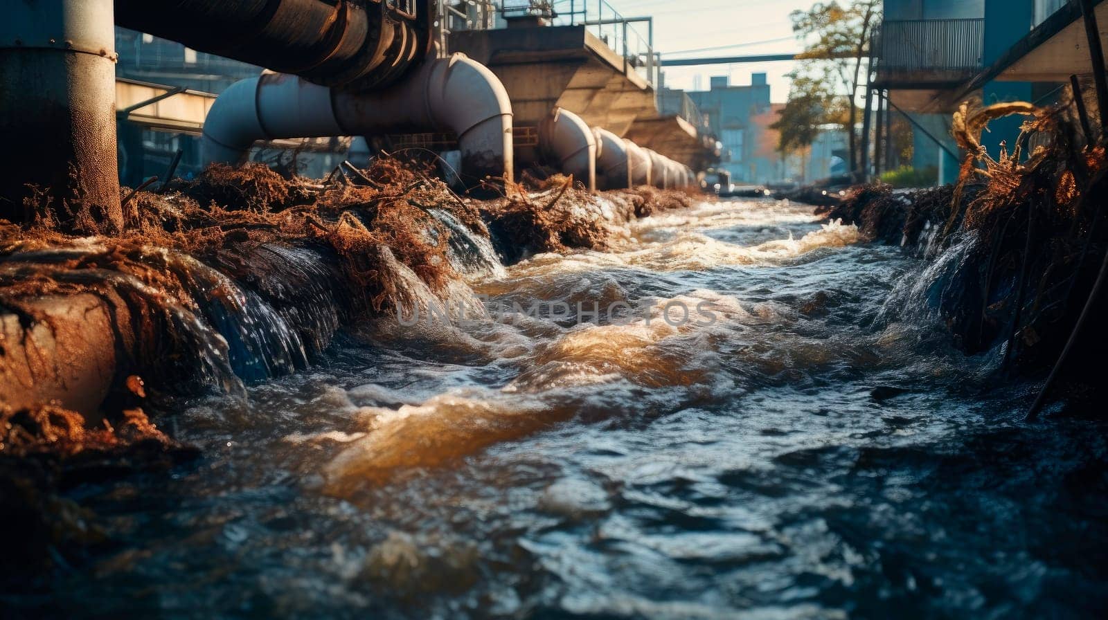 Factories polluting water, environment problems.Dirty water discharged into river.AI generated