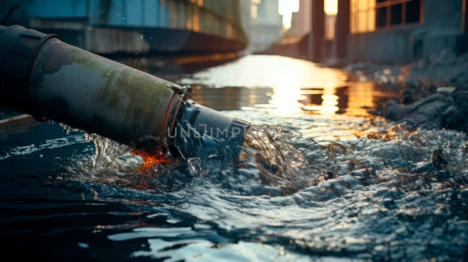 Dirty water pouring into the river from sewer pipe. Factories polluting water, environment problems.Dirty water discharged into river.AI generated