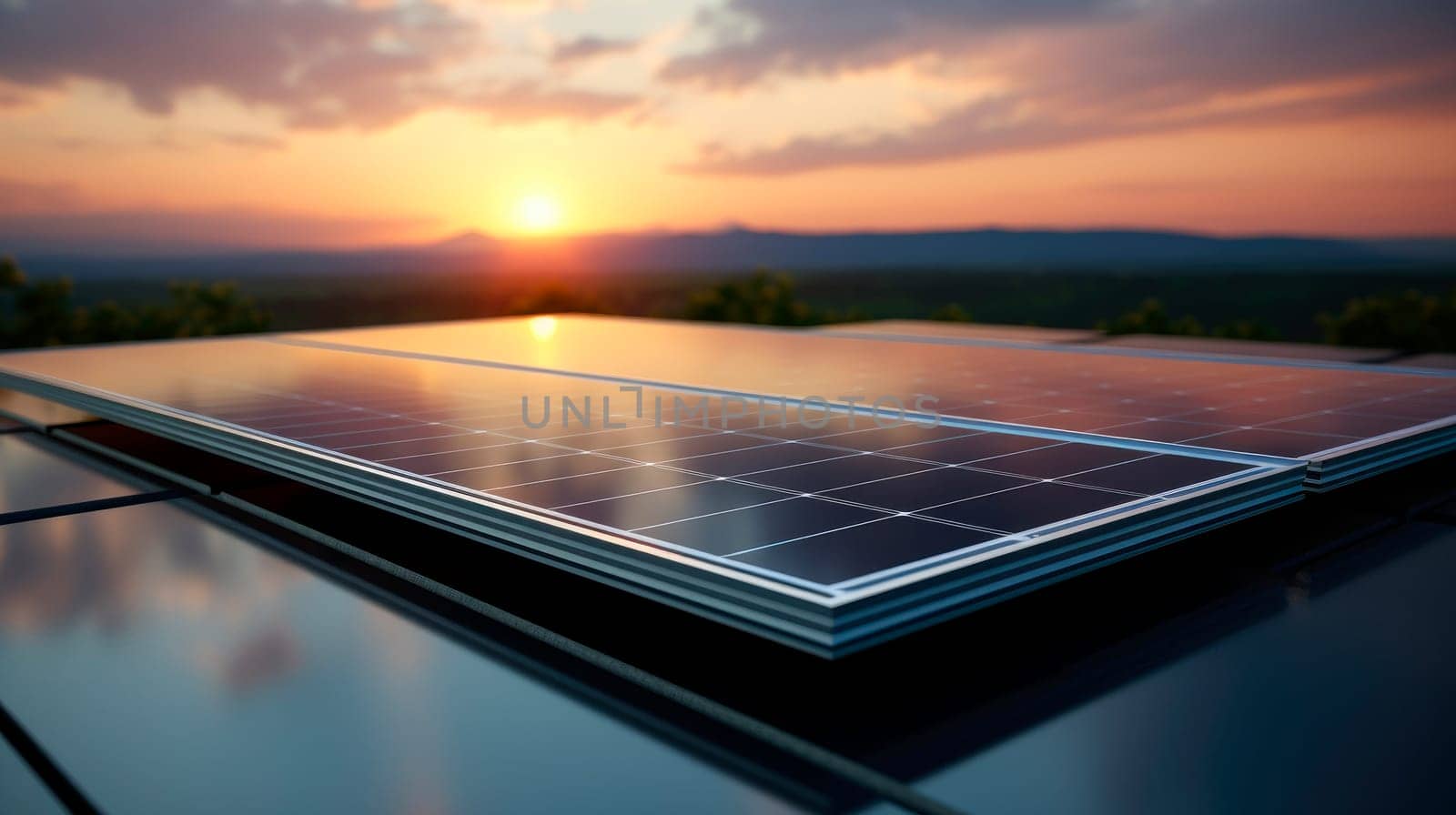 Close-up of solar panel against beautiful setting sun, symbolizing clean energy, technology, sustainability.Solar panels at sunset. AI generated