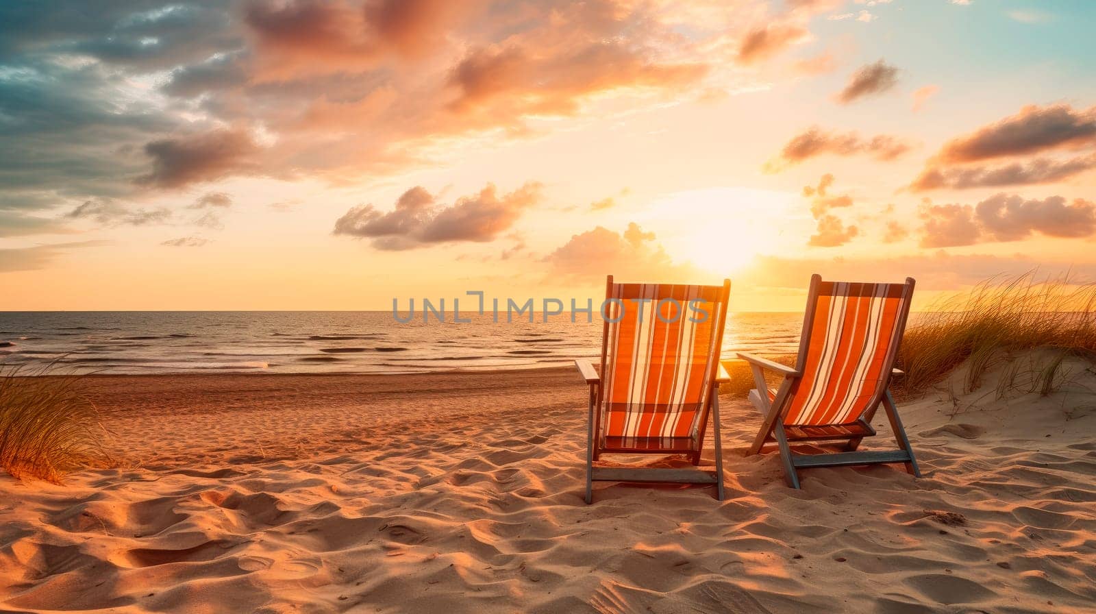 Empty beach chairs on a sandy beach, amazing scenery with setting sun. Empty beach loungers on summer holiday in tropical paradise island.AI generated