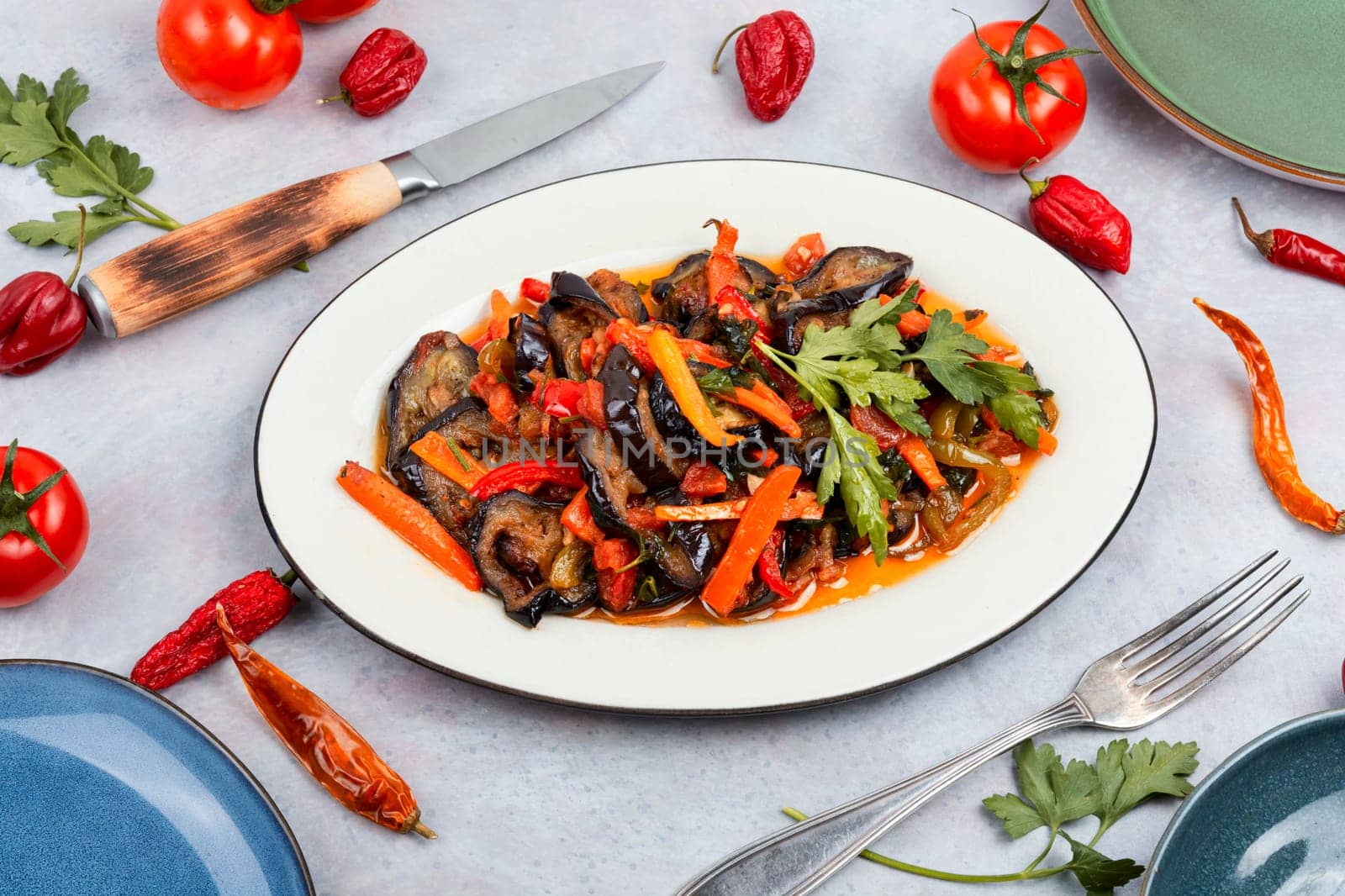 Vegetable saute with eggplant. Vegetarian food.