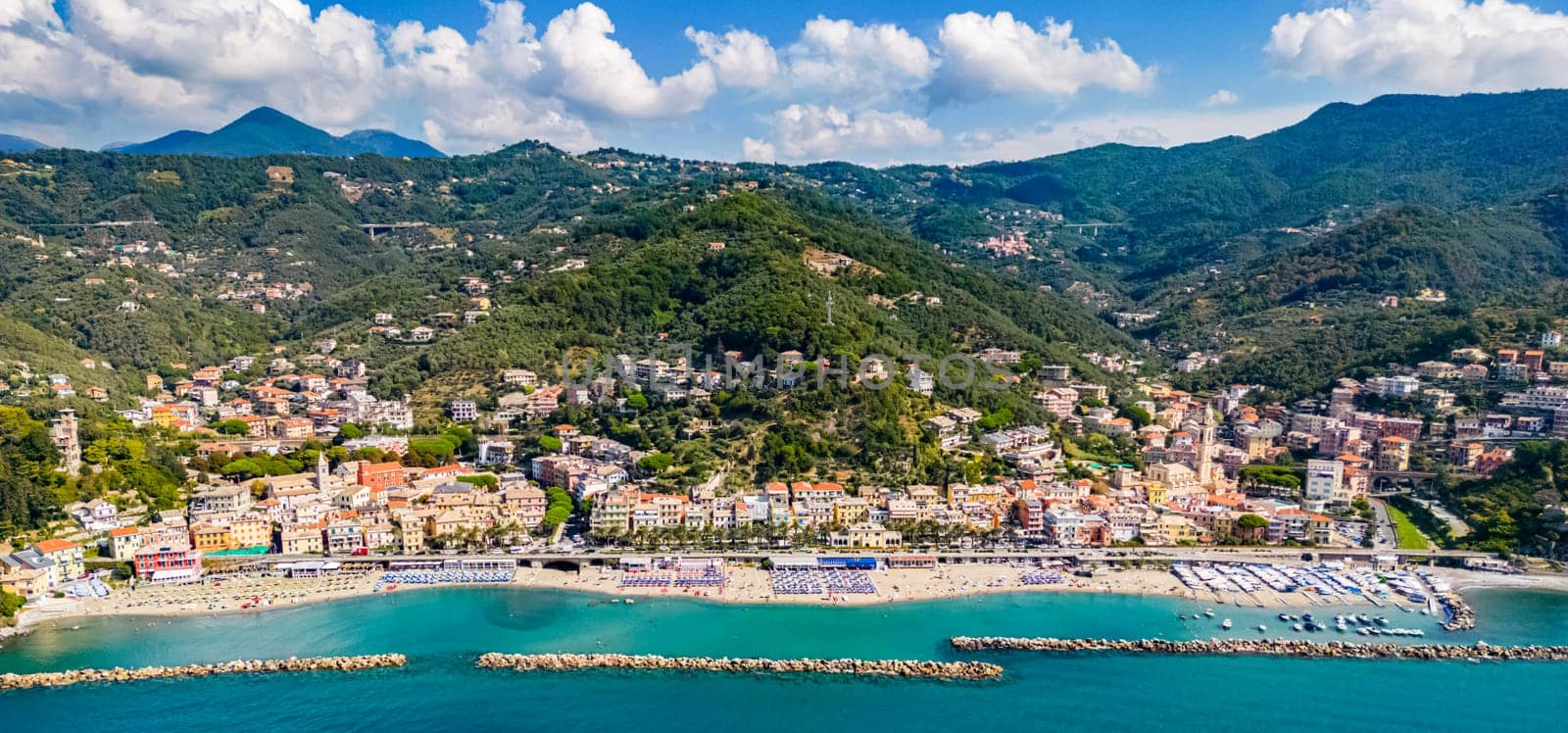 Aerial view of Moneglia, a tourist resort on the Riviera di Levante, Liguria, Italy
